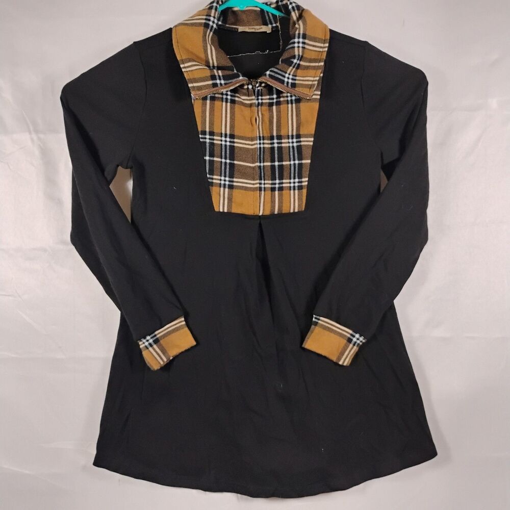 Timeson Women Small long sleeve Jacket lapel pullover tunic Sweater Plaid button
